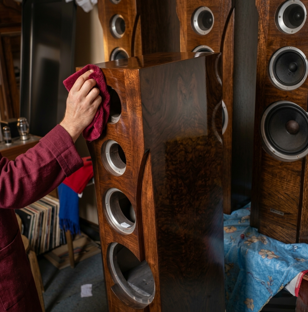 Artisan hand-polishing a solid oak speaker cabinet at Sarmata Manufaktura in Sanok, Poland.