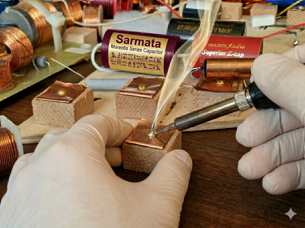 Precision handmade soldering on high-end audio crossover component at Sarmata Atelier in Sanok, Poland.